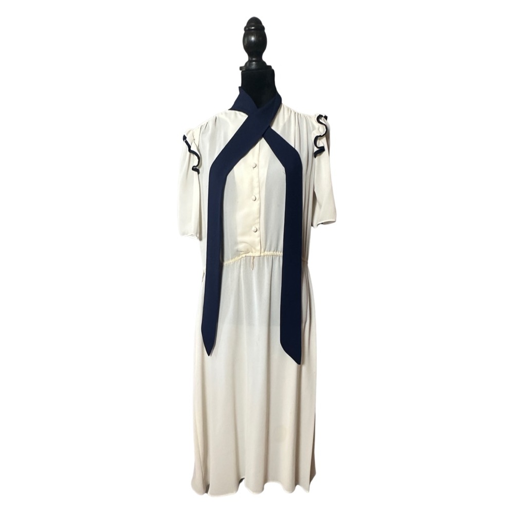 Vintage 80s Billy Jack For Her Neck Tie Sheer Ruffle Midi Dress White Blue